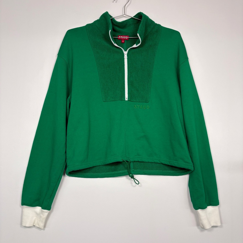 STAUD Womens Quarter Zip Sweatshirt Size M Green Cropped Drawstring Pullover